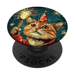 New Year Cheer with this Happy and Funny looking Cat Design PopSockets Adhesive PopGrip