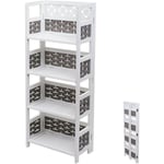 Étagère HWC-K86 - Étagère sur pied - pliable 4 étagères - Bois 110cm - blanc - tressage gris