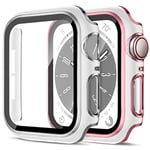 2 Pièces Coque pour Apple Watch Series 6/5/4/SE Protection Écran Femmes Hommes,Dur PC Case HD Clair Verre Trempé Anti-Choc Housse de Protection pour Apple Watch 44mm Cover，Blanc&Rose Rose/Blanc&Argent