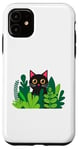 Coque pour iPhone 11 Chat noir cachant plantes mignon curieux chaton d'intérieur jungle