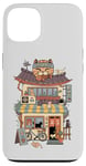 Coque pour iPhone 13 Chats se prélassant autour d'un café confortable, architecture de style japonais