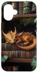 Coque pour iPhone 16 Petit dragon endormi sur une bibliothèque