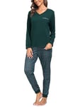 Vlazom Pyjama Femme Hiver Ensembles de Pyjama à Manche Longue Col en V Vêtements de Nuit à Carreaux Chaud Long，A-Vert，XL