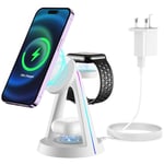 3 in 1 Wireless Charging Station,Magnetic Wireless Charger for iPhone 16 15 14 13 12 Pro/Max/Plus/Mini and iWatch 9/8/7/6/5/4/3/2/SE/Ultra, Charging stand for AirPods 3/2/Pro (with 18W Adapter), White