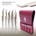 Razor Edge Eyelash Tweezers 5 Pack Set with 5 tips Silver with Pink Case