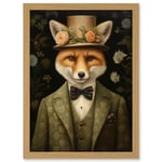 Fox in Floral Victorian Suit and Top Hat Surrealism Artwork Green Orange Woodland Gentleman Artwork Framed Wall Art Print A4