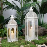 NEWIMAGE Set of 2 Decorative Candle Lantern 50cm & 38cm High Outdoor Candle Lanterns Vintage Metal Candle Holder for Garden Living Room Indoor Outdoor Parties Weddings Patio Home Decor (White)