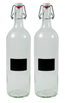 mikken Lot de 2 bouteilles en verre vides de 1000 ml avec bouchon mécanique en porcelaine à remplir soi-même, avec 2 étiquettes d'étiquetage