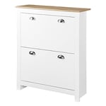 HOMCOM Armoire à Chaussures 2 Portes abattantes 2 Compartiments poignées coquilles métal MDF Blanc chêne Clair