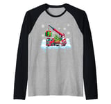 Santa Carrying Christmas Tree On Crane Truck Driver Team Raglan Baseball Tee