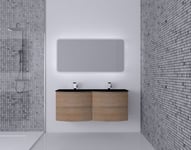 Ensemble salle de bains l.138 cm meuble sous vasque effet bois + plan double vasque verre noir mat Vague