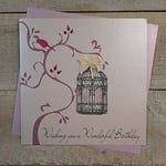 white cotton cards 1-Piece Wishing You a Wonderful Birthday Handmade Card, Vintage Bird Cage in Tree