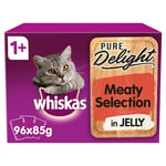 96 X 85g Whiskas Pure Delight 1+ Adult Wet Cat Food Pouches Mixed Meaty In Jelly