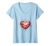 Womens Crystal Geometric Heart Valentines Day Girls Aesthetics Pink V-Neck T-Shirt