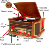 Record Player Turntable MCR50 9-in-1 CD Cassette Tape Radio FM/AM USB & Aux In