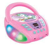 Lexibook Licorne - Lecteur CD Bluetooth pour Enfants - Portable, Effets Lumineux, Prise Micro, Entrée aux-in, Pile ou Secteur, Filles, Garçons, Rose, RCD109UNI