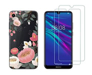 NOVAGO Compatible avec Huawei Y6 2019,Y6S 2019 /Honor 8A -Coque Souple Solide Anti Choc avec Impression + 2 Films Protection écran Verre trempé résistant (Coque+ 2 Films, Grosse Fleur)