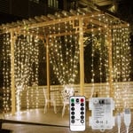 Missdong - Rideau Lumineux Sapin Noel, 3x3m 300 LEDs Guirlande Lumineuse Blanc Chaud, Alimentation usb ou Piles, Minuteur, 8 Modes pour Intérieur