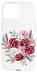 Coque pour iPhone 15 Bouquet floral bordeaux et rose avec feuilles vertes