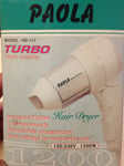 PAOLA TURBO HIGH QUALITY HAIR DRYER (Powerful 1200w . 120/230) 2 DRYING SPEED