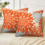 Velvhom Lot de 2 Housse Coussin 40x40 Automne Hiver Lin Taie Oreiller Canapé Dahlia Motif Cadeau Noël Halloween Décoration pour Chambre, Canapé, Chaise, Lit,Jardin，Orange et Gris