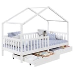 Lit cabane ELEA lit enfant simple montessori 90 x 200 cm, avec 2 tiroirs de rangement, en pin massif lasuré blanc