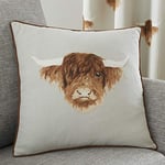 Fusion - Coussin Naturel Vache Highland (43 x 43 cm) - 100% Coton - Garnissage Inclus - Bord passepoilé - Coussin imprimé Vache crème avec Housses incluses/Inserts de Coussin - Cadeaux Vache Highland