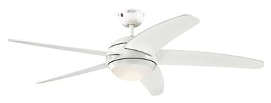 72070 Ventilateur de Plafond D’Intérieur à Cinq Pales Bendan LED 132 cm, Finition en Blanc avec Accents Martelés, Kit D‘Éclairage LED à Variateur avec Verre Opale Dépoli, Télécommande Incluse