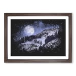 Big Box Art Full Moon Over The Mountains Paint Splash Framed Wall Art Picture Print Ready to Hang, Walnut A2 (62 x 45 cm)