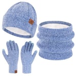 Femme Hiver Bonnet Chapeau Foulard Écran Tactile Gants Ensemble Imitation Velours Tricot Polaire Doublé Casquette Écharpe Gant Cadeaux pour Femmes