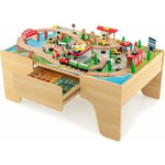 2 en 1 84 pcs Table Circuit de Train en Bois avec Plateau Réversible, Table Enfants avec Tiroir, Coins Arrondis, Table de Jeux Train pour Enfants de