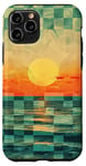 Coque pour iPhone 11 Pro Green Art Deco Coque de téléphone motif damier plage et océan coucher de soleil