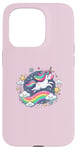 Coque pour iPhone 15 Pro Licorne ludique volant à travers le ciel étoilé avec arc-en-ciel