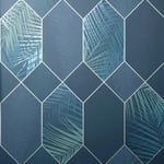 Fine Decor Miami Geometric Leaf Navy / Silver Metallic Wallpaper FD42837