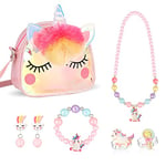 Hifot Licorne Sac a Main Bijoux Enfants Fille, Unicorn Collier Bracelet Boucle d'oreille Bagues kit Bijoux pour Cadeau Anniversaire de Fête