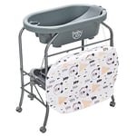 GOPLUS 4 en 1 Table à Langer Pliante, Station de Bain Robuste avec Baignoire, Roues Verrouillables, Cadre en Métal, Espace de Rangement, pour Bébé 0-12 Mois, Montage Facile, Charge 35 KG (Gris)