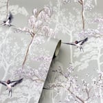 Arthouse Japanese Oriental Garden Wallpaper Blossoms Birds Floral Grey 908105