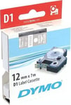 DYMO D1 märktejp standard 12mm, vit på klar, 7m rulle (S0720600)