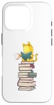 Coque pour iPhone 16 Pro Kawaii Cat Reading Book Stack Cute Bookworm T-shirt graphique