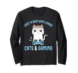 Just A Boy Who Loves Cats And Gaming Boys Funny Gamer Cat Long Sleeve T-Shirt