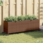 Plantekasse med hjul og 3 krukker 107x32x38 cm polyrattan brun