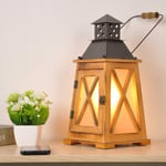 Vintage Wood Lanterns Table Lamps e27 for Living Room,2 in 1 Industrial Decorative Large Accent Antique Rustic Metal Bedside Desk Lamp, Steampunk Hurricane Candle Holder for Porch with Electric Plugs