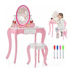 Coiffeuse pour Enfants avec Tiroir, Ensemble de Coiffeuse et Tabouret avec Miroir Détachable, pour Filles 3+ Ans, Papillon - Goplus