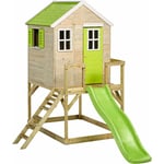 Kangui - Maison de jardin enfant extérieur - Cabane en Bois avec plateforme et toboggan - Toit étanche - Vert et Blanc