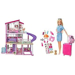 Barbie Dreamhouse Playset - Dollhouse with Wheelchair-Accessible Elevator- 4' x 3' Size & Travel Doll - Blonde Doll with Puppy & Opening Pink Suitcase - Collapsing Handle -Gift for Kids 3+, FWV25