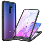 CENHUFO Coque Xiaomi Redmi 9, Antichoc Housse avec Protection d'écran, 360 Degrés Protégé Téléphone Etui Double Face Bumper Transparent Case Robuste Portable Intégrale Coque pour Redmi 9 - Noir