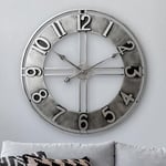 LW Collection Horloge Murale Becka Gris Argent 60 cm - Grande Horloge Murale Industrielle en Métal - Horloge Murale Moderne - Mouvement Silencieux - Horloge Silencieuse