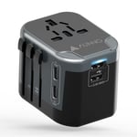 AUNNO Universal Travel Adapter, International Travel Plug Adapter with 2 USB-C and 2 USB Ports, All in One Plug Adaptor with Dual Safety Fuses, UK to European Plug Adaptor for EU USA Australia etc