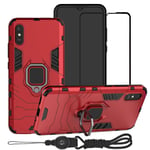 BTShare For Xiaomi Redmi 9AT/ Redmi 9A Case with Tempered Glass Screen Protector & Lanyard Neck Strap, Heavy Duty Armor Defender Anti-Scratch Kickstand Shockproof Cover & Ring Grip, Red