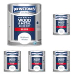 Johnstone's - Quick Dry Gloss - Brilliant White - Gloss Finish - Water Based - Interior Wood & Metal - Radiator Paint - Low Odour - Dry in 1-2 Hours - 8m2 Coverage per Litre - 0.75 L (Pack of 5)